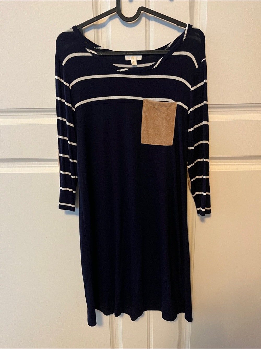 Charming Charlie Navy & White Striped Forearm-Sleeve Dress with Tan Pocket